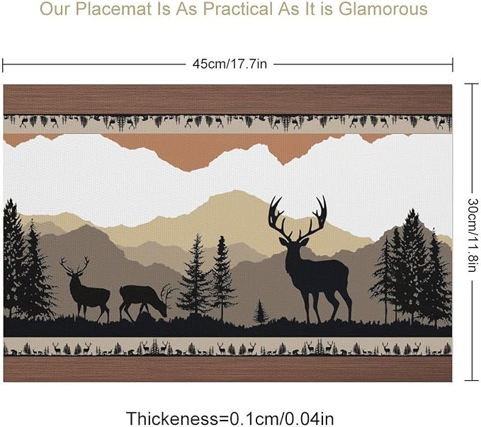 Bear Deer Placemat Set of 6, 12x18 Inch Retro Farmhosue Wildlife Aniamal Wooden Forest Tree Cabin Country Lodge Brown Coffee Table Mats for Outdoor Kitchen Dining Table Decoration