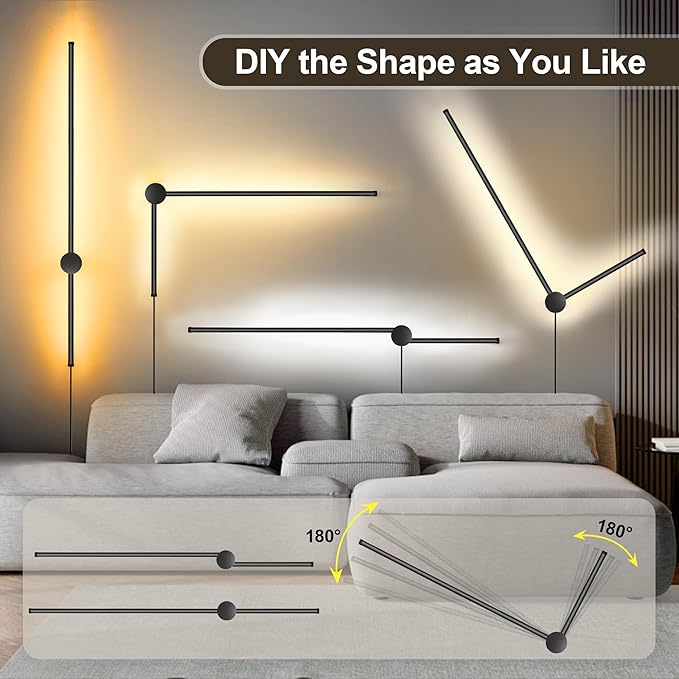 Wall Sconces Set of Two with Remote, Stepless Colors 3000K-6500K & Stepless Dimming, Hardwire or Plug-in, 180° Rotate, LED Black Plug in Wall Sconces with Timer & Night Light, 39.4 Inches