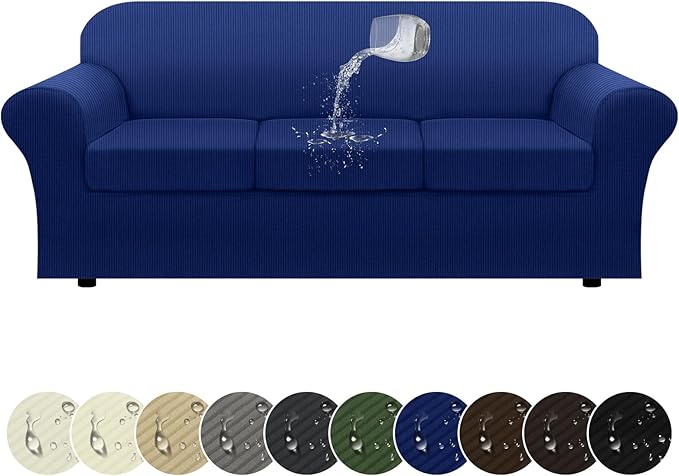 100% WaterproofCouch Cover 4-Piece Set Striped Sofa Slipcovers for 3 Cushion Couch Sofa Covers with TPU Leakproof Bottom Stretch Couch Protector Pet Proof - Sofa(3-Cushion), Navy