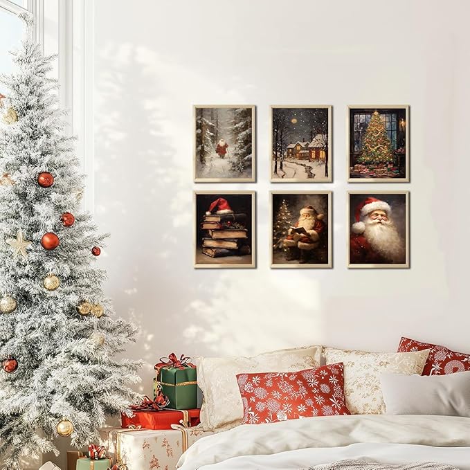 Kizbook Vintage Christmas Wall Art Prints, Santa Claus Christmas Holiday Art Prints Painting, Farmhouse Xmas Christmas Poster, Christmas Gallery Wall Art Winter Print, Vintage Christmas Decor for Holiday, Set of 6 (8"x10"-Unframed)