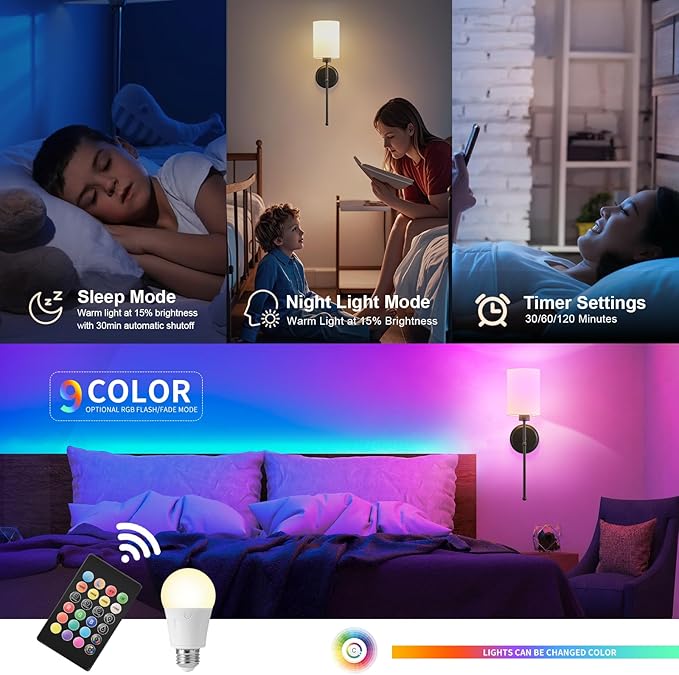 Battery Operated Wall Sconce Set of Two, Black Wireless Rechargeable Wall Light with Remote Control, Dimmable, Amber/Warm/Natural/Cool White,RGB, Battery Power Sconces for Living Room Bedroom