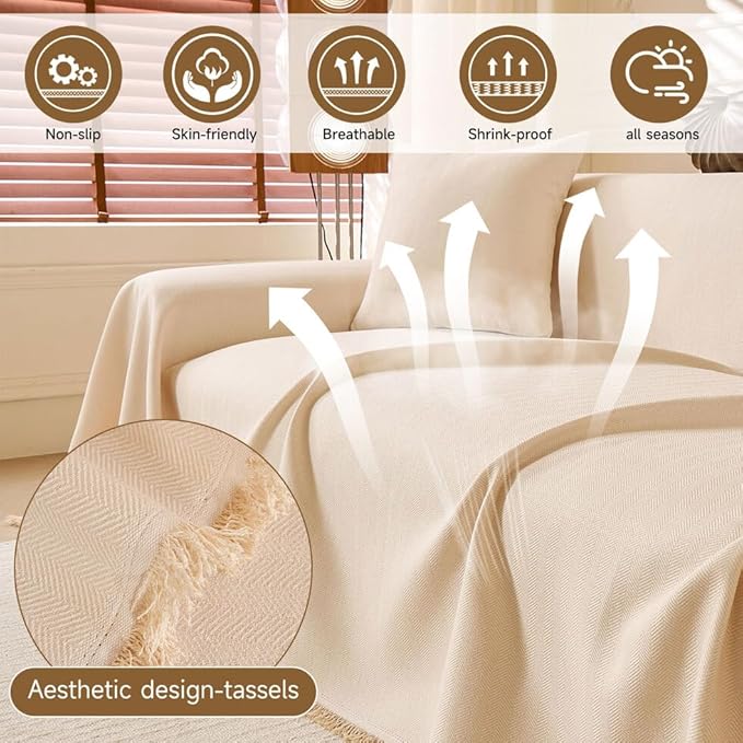 ROOMLIFE Boho Couch Covers White for 3 Cushion Sofa,Couch Cover Sectional Sofa Cover for Dog, Washable Furniture Sofa Protector Cover Soft Blanket with Tassel for Living Room, 71''X134''