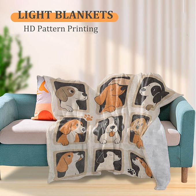 Cute Cartoon Dog Blanket, Adorable Puppy Faces Playful Style 60 x 50 Inch Flannel Warm Tones Throw Blanket, Gifts for Women Girls Kids, Lightweight Cozy Warm Blankets for Sofa Travel Home Decor