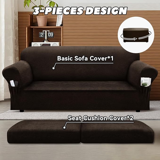 Sofa Slipcover with Armrest Pockets 3-Piece Set, Stretch Faux Leather Couch Cover for 2-Cushion Couches(Fits 72-92") - Non-Slip, Machine Washable, Pet & Kid Friendly - Dark Brown