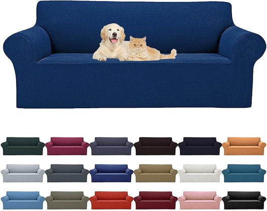 Cupuamon 2025 New Stretch Sofa Slipcovers Couch Cover for 3 Cushion Furniture Protector Sofa Covers with Elastic Bottom Jacquard Fabric Small Checks for Pets, Kids -Sofa, Classic Blue