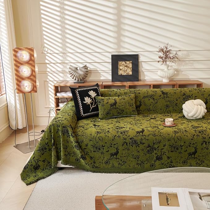 ROOMLIFE Green Sofa Cover, Vintage Boho Couch Cover for 3 Cushion Sofa, Non Slip Soft Chenille Sofa Slipcovers for Dog, Washable Furniture Sofa Protector Cover with Tassel for Living Room, 71''X150”