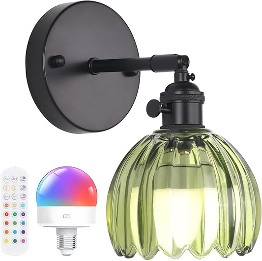 Vintage Battery Operated Wall Sconce with Cute Green Tulip Glass Lampshade Wireless Rechargeable Battery Powered Black Wall Light with Remote Control for Bedside Bedroom Doorway