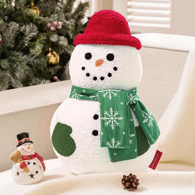 Phantoscope Merry Christmas Shaped Throw Pillow, Plush Teddy Sherpa Snowman Pillow with Scarf & Hat, Xmas Snowman Decorative Pillow for Couch Living Room Bed, Green, 16.5 x 10.5 inches