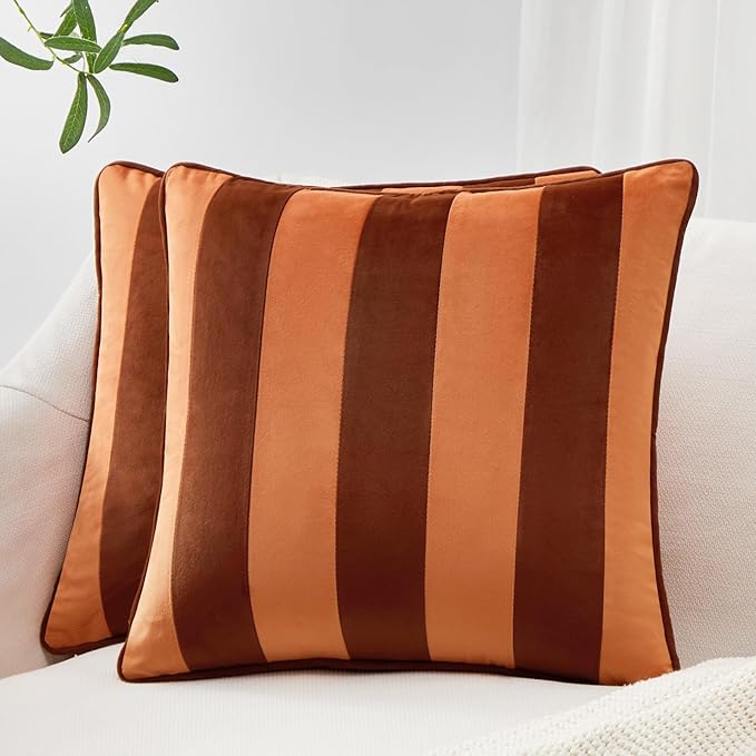 MONDAY MOOSE Decorative Throw Pillow Covers Cushion Cases, Set of 2 Soft Velvet Striped Piping Edge Designs, Pillow Inserts Not Included (Rust/Coral, 20x20 inch)