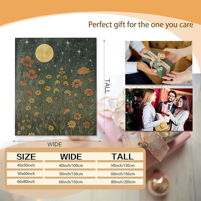Moon and Wildflower Blanket Gifts for Women Girls Kids, Soft Warm Lightweight Flannel Boho Floral Night Sky Throw Blankets for Bedroom Living Room Home Sofa Home Camping Decor 50" x 60"