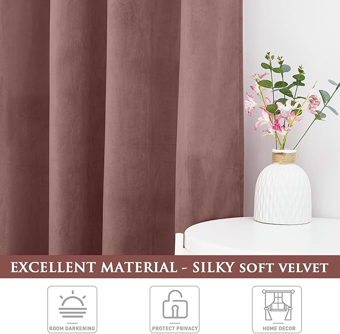 StangH Extra Wide Velvet Curtains Wild Rose Light Dimming for Sliding Door, Solid Luxury Panels Soundproof for Kid Nursery Elegant Backdrops Back Tab for Party, W62x L90, 2 Panels