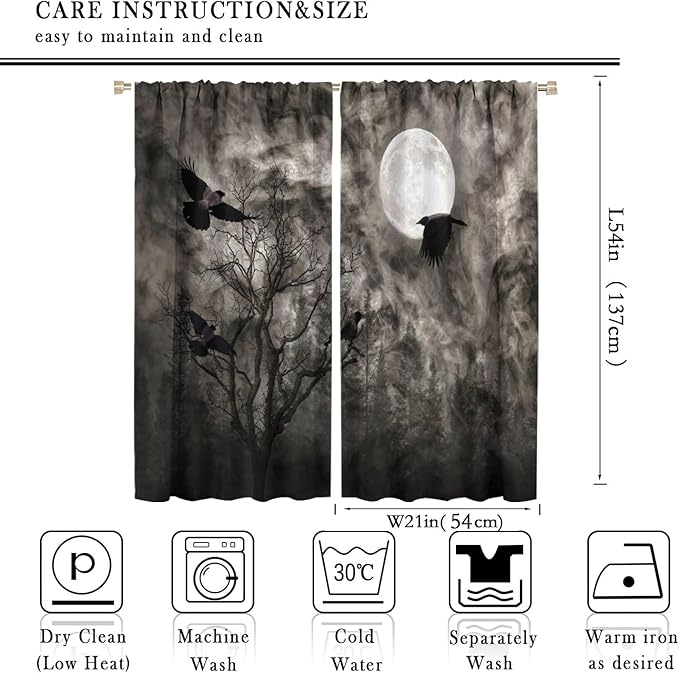 Gothic Crow Blackout Window Curtains, Gothic Style Dark Sky Full Moon Raven Halloween Pattern Window Drapes, for Home Bedroom Living Room 21(W)*54(L) 2 Panels