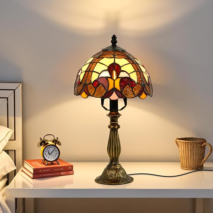 Tiffany Style Table Lamp - 8 Inch Baroque Stained Glass Lamp Vintage Desk Lamps with LED Bulb, Lamps for Night Stands Desk Light for Bedroom Living Room Home Office Ideal Gifts for Family Friends
