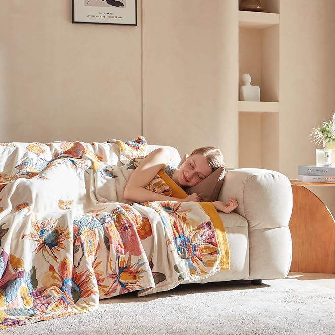 Boho Throw Blanket for Couch 100% Cotton Ultra Soft Rustic Quilt Butterfly and Floral Double Embroidery Fall Throw Blanket,50" x 60" All Season Throws for Sofa Chair