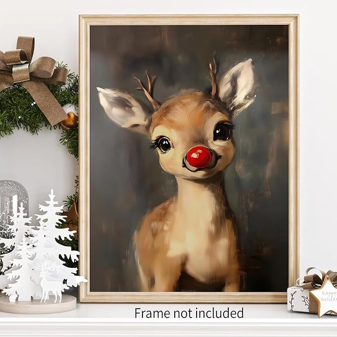 Christmas Reindeer Wall Art Winter Cute Whimsical Animal Canvas Poster Vintage Red Nose Deer Painting Prints for Rustic Living Room Bedroom Wall Decor 16x24 inch Unframed