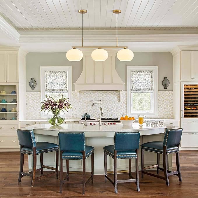 KCO Lighting 3 Light Linear Pendant Lighting Milk Glass Flush Mount Ceiling Light Brass Gold Chandelier Light Fixture Modern Globe Linear Chandelier Dining Room Dining Room Over Table
