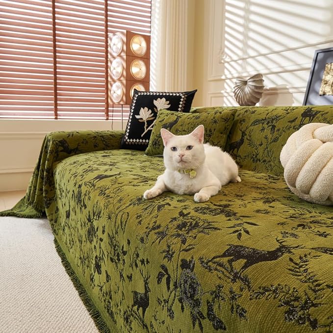 ROOMLIFE Green Couch Cover Sofa Covers, Chenille Couches Covers for 3 Cushion Sofas, Non Slip Soft Breathable Sofa Slipcovers for Pet, Washable Furniture Protector with Tassel,71''X134”