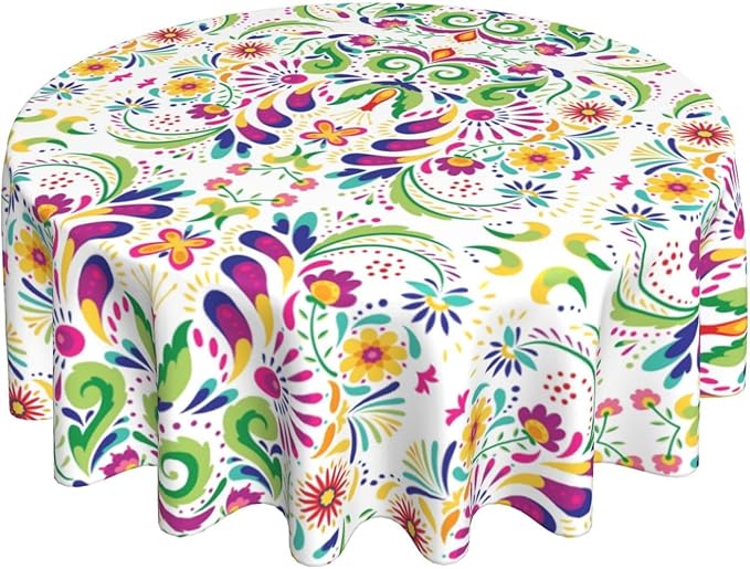 Mexican Round Tablecloth, Traditional Floral Dia De Los Muertos Azulejo Mosaic Mexico Water Resisitant Table Cover for Dining Kitchen Living Room Home Party Holiday Decor 60 inch Round