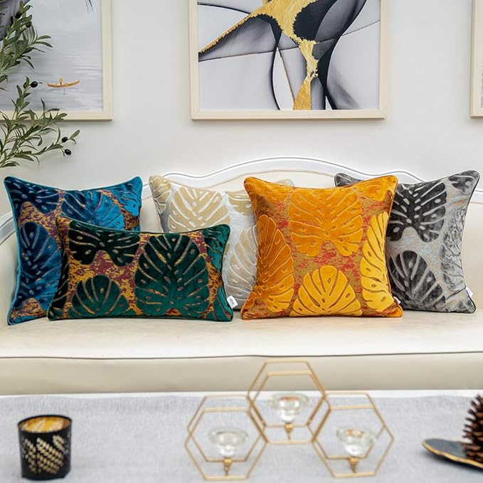 Alerfa 20 x 20 Inch Square Leaf Pillow Embroidery Cut Velvet Cushion Case Luxury Modern Lumbar Throw Pillow Cover Decorative Pillow for Couch Sofa Living Room Bedroom Car, Orange