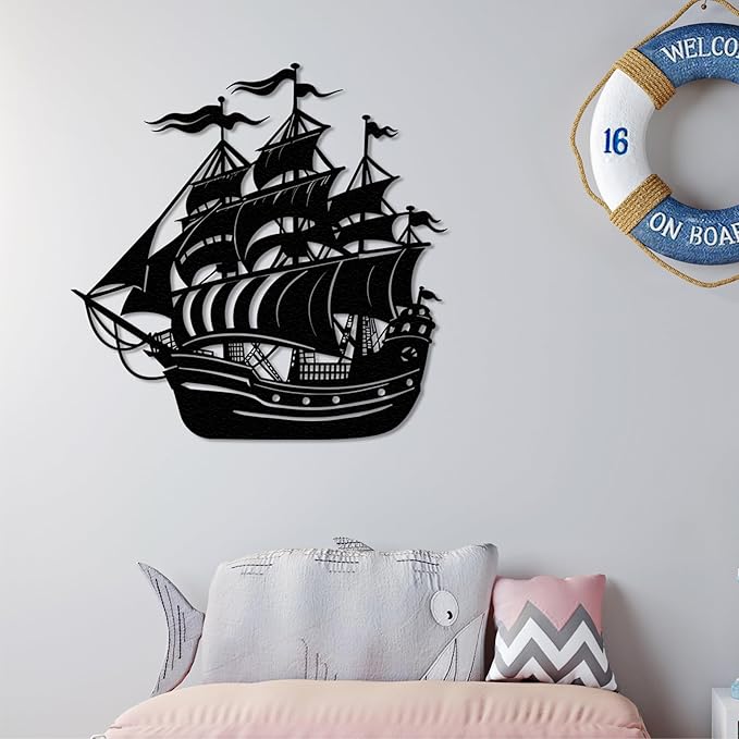 Ghost Sailboat Metal Wall Art, Nautical Adventure Ship Silhouette Metal Decor for Living Room, Bedroom, or Office, Maritime-Inspired 3D Effect Wall Sculpture, Perfect for Coastal and Rustic Home Décor (47x47 inches)