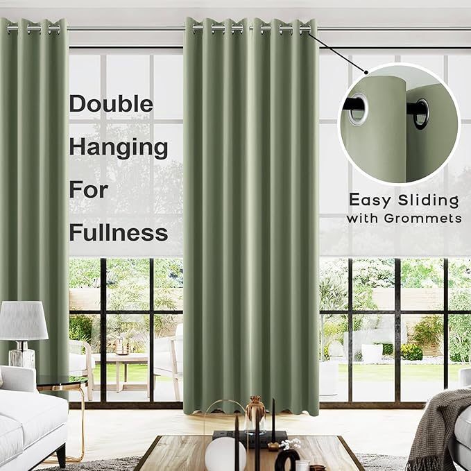 KOUFALL 96 Inches Long Curtains Drapes for Living Room 2 Panels Set,Dark Sage Green Black Out Room Darkening Blackout Vertical Sliding Door Blinds for Patio Doors