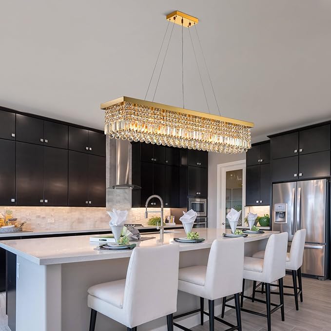 Siljoy 10-Light Modern Crystal Chandelier Gold Rectangular Crystal Raindrop Chandelier Luxury Large Rectangle Flush Mount Pendant Ceiling Light for Dining Room Kitchen Island Bar L47'' x W10'' x H10''