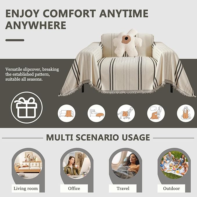 DREAMINGO Couch Cover for Armchair Reversible Chenille Chair Sofa Protector Washable Couch Cover Blanket for Living Room Striped Jacquard Recliner Furniture Slipcover 71"x71"
