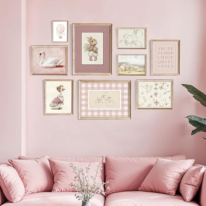 Kizbok Pink Nursery Wall Art Decor for Baby Girl Room Decor, Vintage Kids Room Wall Decor Swan Bunny Duck Hot Air Balloons Flower Canvas Art Prints Poster, Cute Nursery Wall Poster for Little Girl's Bedroom, Toddler Kids Playroom - Unframed