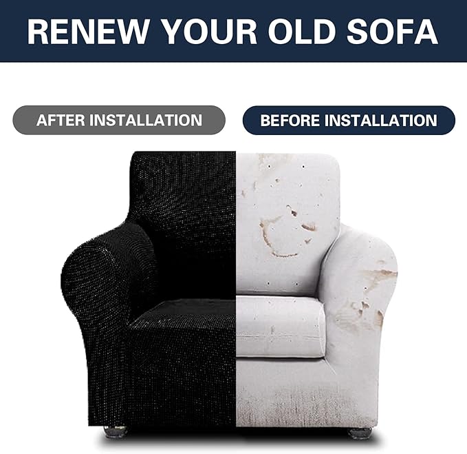 Cupuamon 2025 New Stretch Chair Sofa Slipcovers Couch Cover for 1 Seater Furniture Protector Sofa Covers with Elastic Bottom Jacquard Fabric Small Checks for Pets, Kids - Black