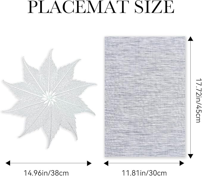 BACKTOEDEN Placemats Set of 6 Heat Resistant Washable Wipeable Placemat Woven Non-Slip Foldable Vinyl/Plastic Place Mats Indoor/Outdoor Mat Kitchen Dining Table Pad, Silver Maple Leaf & Gray
