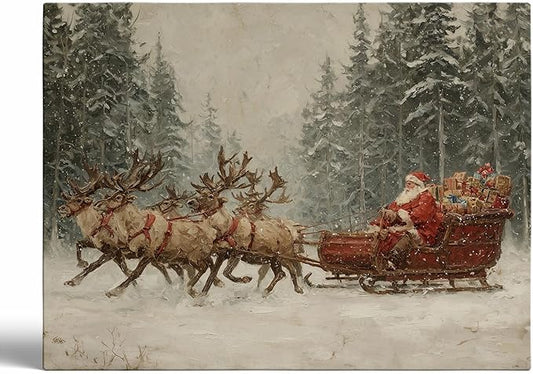 Vintage Santa Reindeer and Sleigh Wall Art Print,Christmas Prints,Rustic Holiday Reindeer Painting,Christmas Home Decor