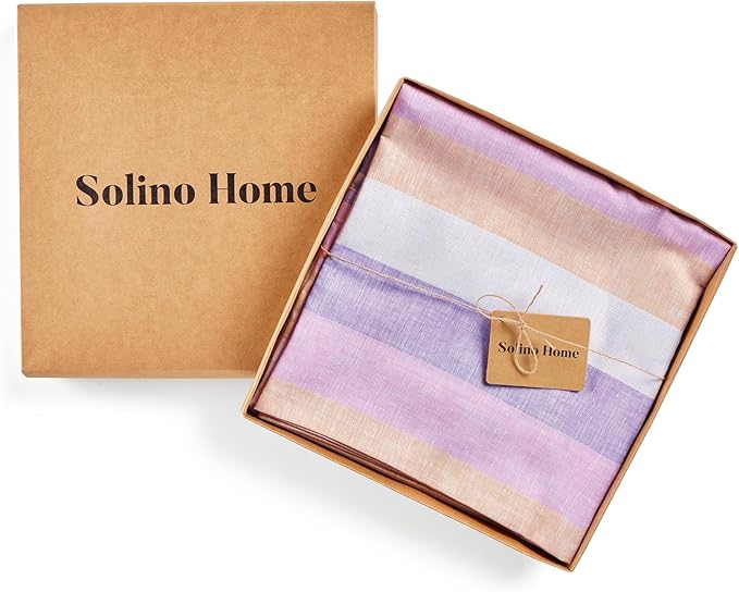 Solino Home Linen Tablecloth 60 x 144 Inch - 100% Pure Linen Multicolor Gelato Stripe Table Cloth for Rectangle Tables - Machine Washable Tablecloth