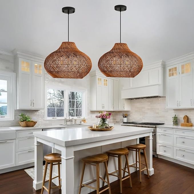 Boho Rattan Pendant Lights 18.9IN Hand-Woven Wicker Chandelier Rattan Basket Ceiling Hanging Light Fixtures for Dining Room Kitchen Island Living Room Entry Hallway Reataurant