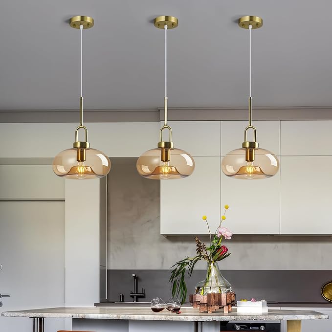 Light Brown Glass Pendant Lights Kitchen Island Gold Pendant Light Fixtures Adjustable Height Modern Pendant Lighting for Bedroom Dining Room (1-Pack)