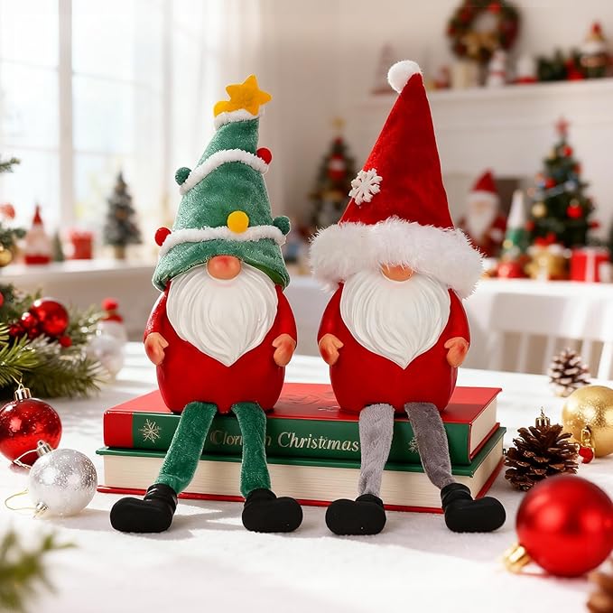 Resin Christmas Gnomes Decoration - 2PCS Xmas Long Dangle Leg Winter Gnomes Handmade, Gift Swedish Scandinavian Santa Claus Collectible Figurines for Home Table Ornament, Tiered Tray Decor