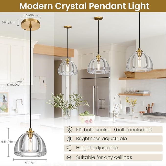 Crystal Pendant Light Kitchen Island: 7" Vintage Brass Hanging Lights Above Dining Table - Modern K9 Crystals Lighting Over Kitchen Sink - Luxury Gold Hemispher Pendants Light Fixtures Bulbs Included