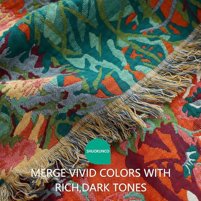 Boho Throw Blanket for Bed 100% Cotton Ultra Soft Rustic Quilt Fall Blanket Bird Floral Printed Farmhouse Decor Bed Blankets,60"×80" All Season Rustic Throw for Sofa Couch Chair