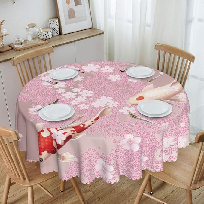 Cherry Blossom Tablecloth, Pink Floral Watercolor Japanese Asian Style Farmhouse Water Resisitant Wipeable Table Cover for Dining Kitchen Living Room Home Party Holiday Decor 60 inch Round