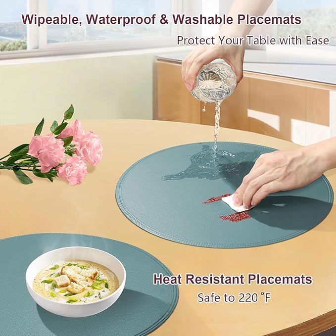 Round Vinyl Blue Placemats Set of 6, Faux Leather Waterproof Wipeable Heat Resistant Place Mats, Washable Table Mats for Halloween, Thanksgiving & Christmas Dinner(Light Blue)