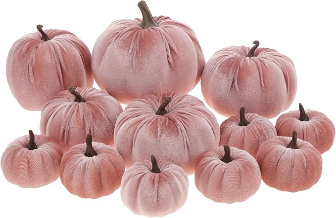 12 Pcs Artificial Velvet Fake Pumpkins Sets Halloween Thanksgiving Wedding Handmade Foam Autumn Centerpiece Kitchen Decoration Light Pink