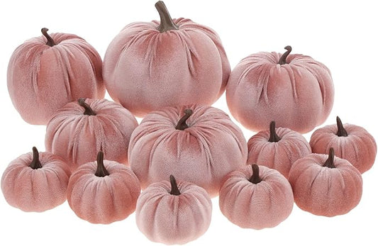 12 Pcs Artificial Velvet Fake Pumpkins Sets Halloween Thanksgiving Wedding Handmade Foam Autumn Centerpiece Kitchen Decoration Light Pink