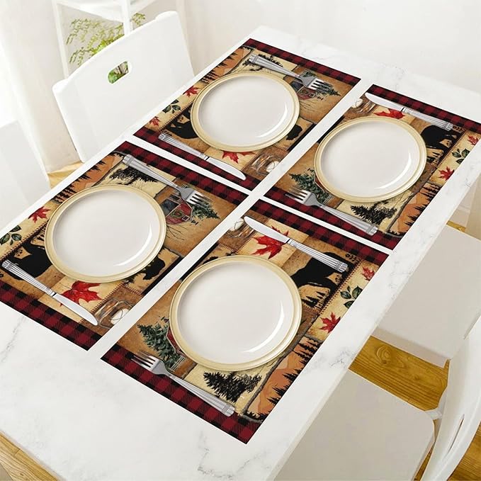 Retro Bear Placemat Set of 6, 12x18 Inch Rustic Farmhosue Green Buffalo Plaid Wildlife Paw Print Forest Tree Cabin Country Lodge Coffee Table Mats for Outdoor Kitchen Dining Table Decoration