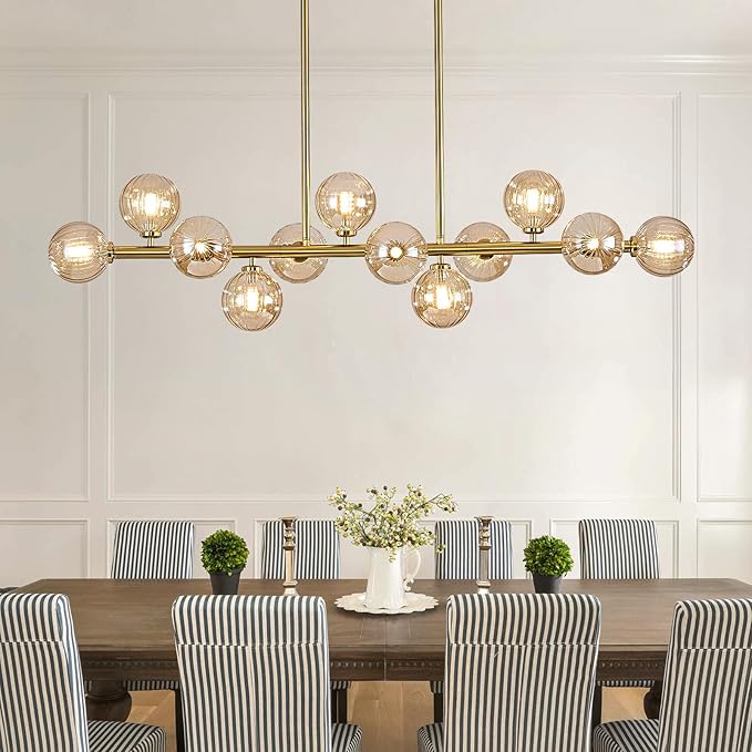 50" Large Sputnik Globe Chandelier, 12-Light Mid Century Modern Light Fixture Over Table, Brass Gold Linear Chandeliers for Dining Room and Kitchen Island (Amber Glass Bubble Shades)