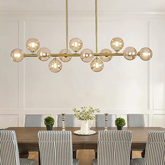 50" Large Sputnik Globe Chandelier, 12-Light Mid Century Modern Light Fixture Over Table, Brass Gold Linear Chandeliers for Dining Room and Kitchen Island (Amber Glass Bubble Shades)
