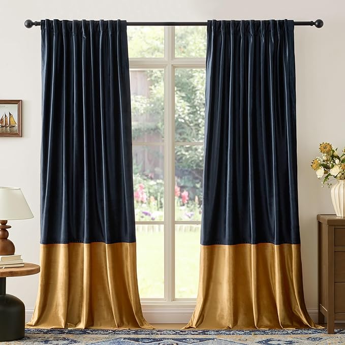 Navy Blue Gold Velvet Curtains 108 inches Long for Living Room,2 Panels Blackout Curtains Modern Color Block Back Tab Rod Pocket Soundproof Drapes for Bedroom Window Decor