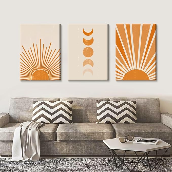 3Pcs Boho Minimalist Wall Art Abstract Sun Moon Canvas Wall Decor Beige Sunshine Mid Century Modern Nordic Style Pictures Prints Posters for Living Room Bedroom Home Decor Ready To Hang 16x24in