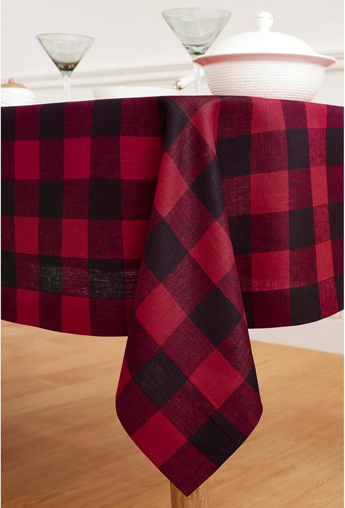 Solino Home Linen Checkered Tablecloth 60 x 108 Inch - 100% Pure Linen Buffalo Plaid Red and Black Table Cloth for Rectangular Tables - Machine Washable Tablecloth for Christmas