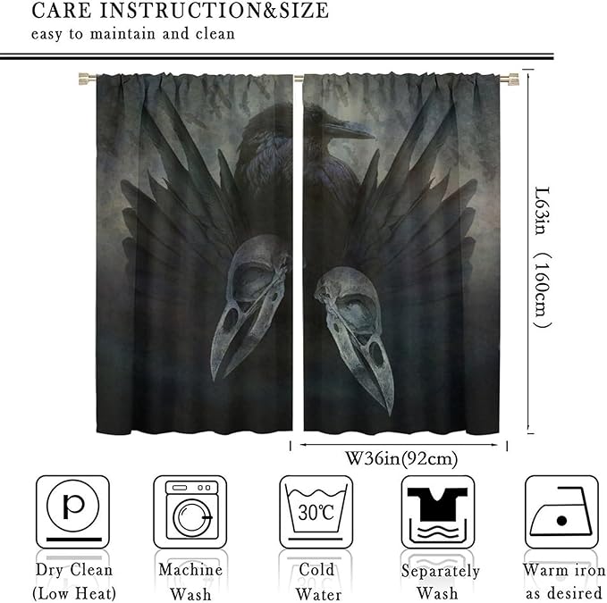Gothic Blackout Window Curtains, Halloween Black Raven Crow Black Dark Wings Rod Pocket Window Treatments Drapes, for Living Room Bedroom 36(W)*63(L) 2 Panels
