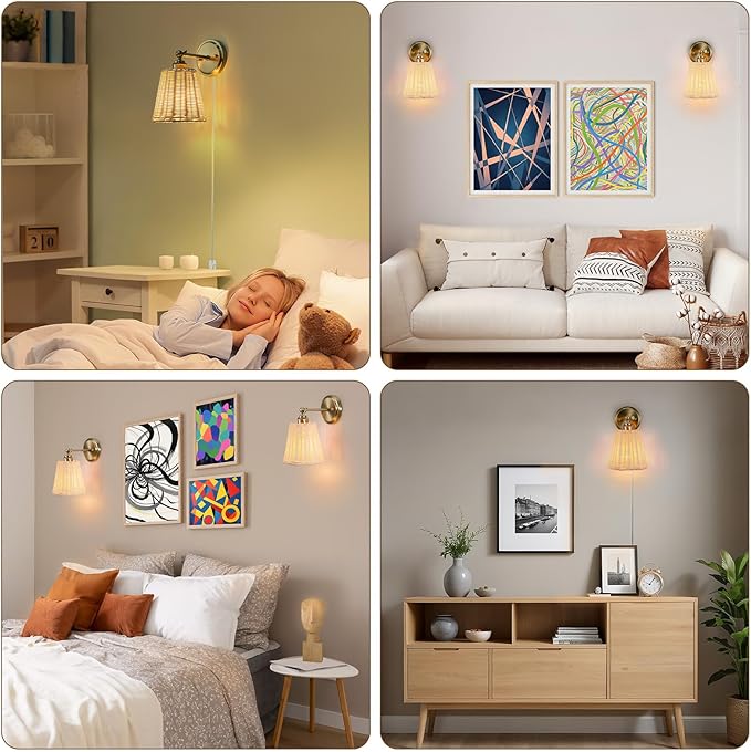 Rattan Wall Sconce Plug in, Hand-Woven Wicker Lampshade Wall Sconces Set of Two, Indoor Wall Lamp, Boho Sconces Set for Bedroom Living Room Corridor Plug-in or Hardwired