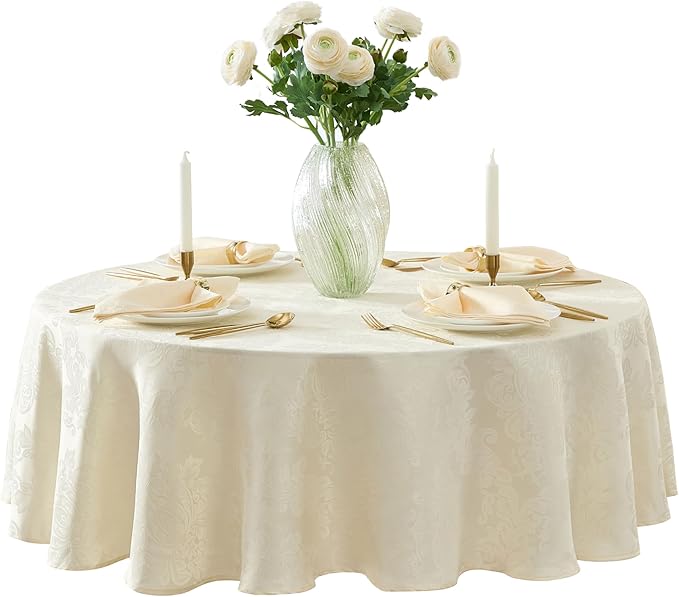 Newbridge Barcelona Luxury Damask Fabric Tablecloth, 90” Round, Antique White, 100% Polyester, No Iron, Soil Resistant Dining Room, Party and Banquet Table Cover